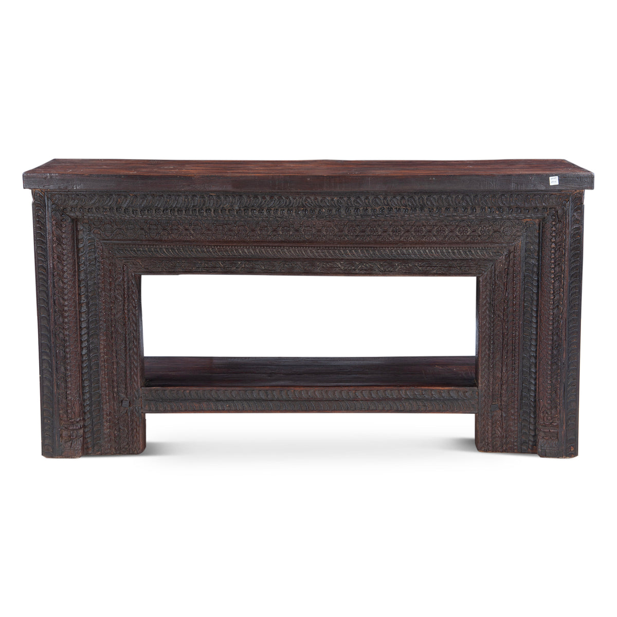 Hand Carved Wood Console Table with Bottom Shelf