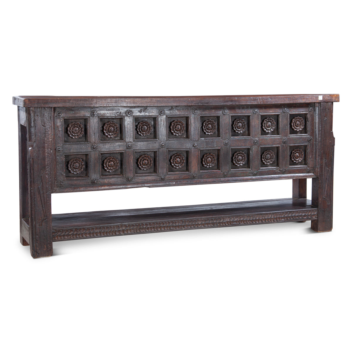 Finely Carved Wood Door Console Table with Bottom Shelf