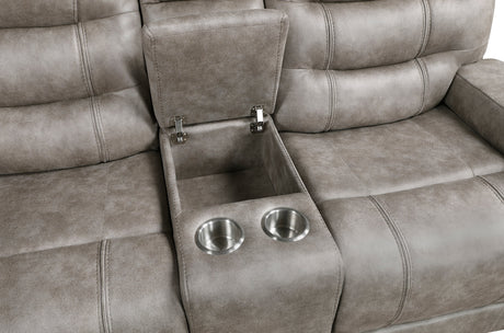 Oberon Grayish Brown Double Reclining Loveseat with Center Console by Homelegance at Eve Furniture