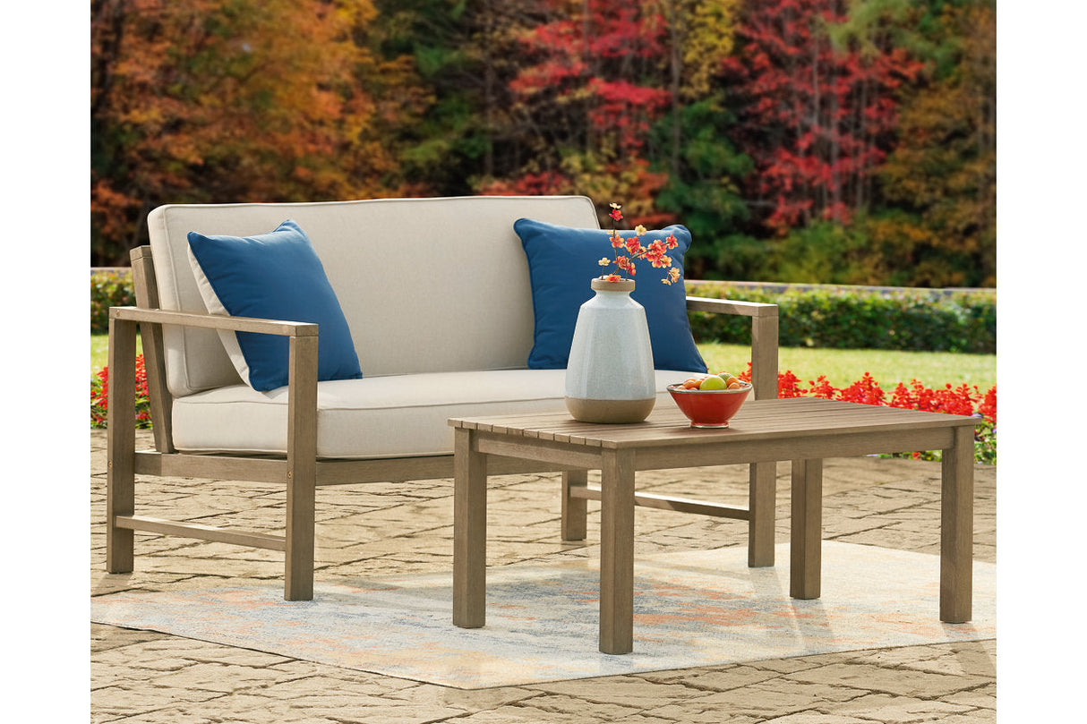 Fynnegan Light Brown Outdoor Loveseat with Table