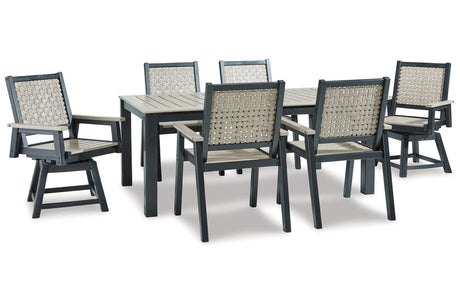 Mount Valley Driftwood/Black Outdoor Dining Table, 2 Swivel Arm Chairs and 4 Arm Chairs