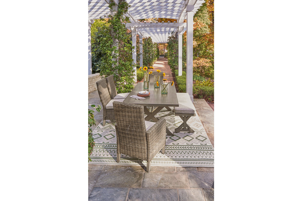 Beachcroft Beige Outdoor Dining Table with 4 Chairs and Bench