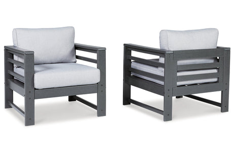 Amora Charcoal Outdoor Loveseat, 2 Lounge Chairs and Coffee Table