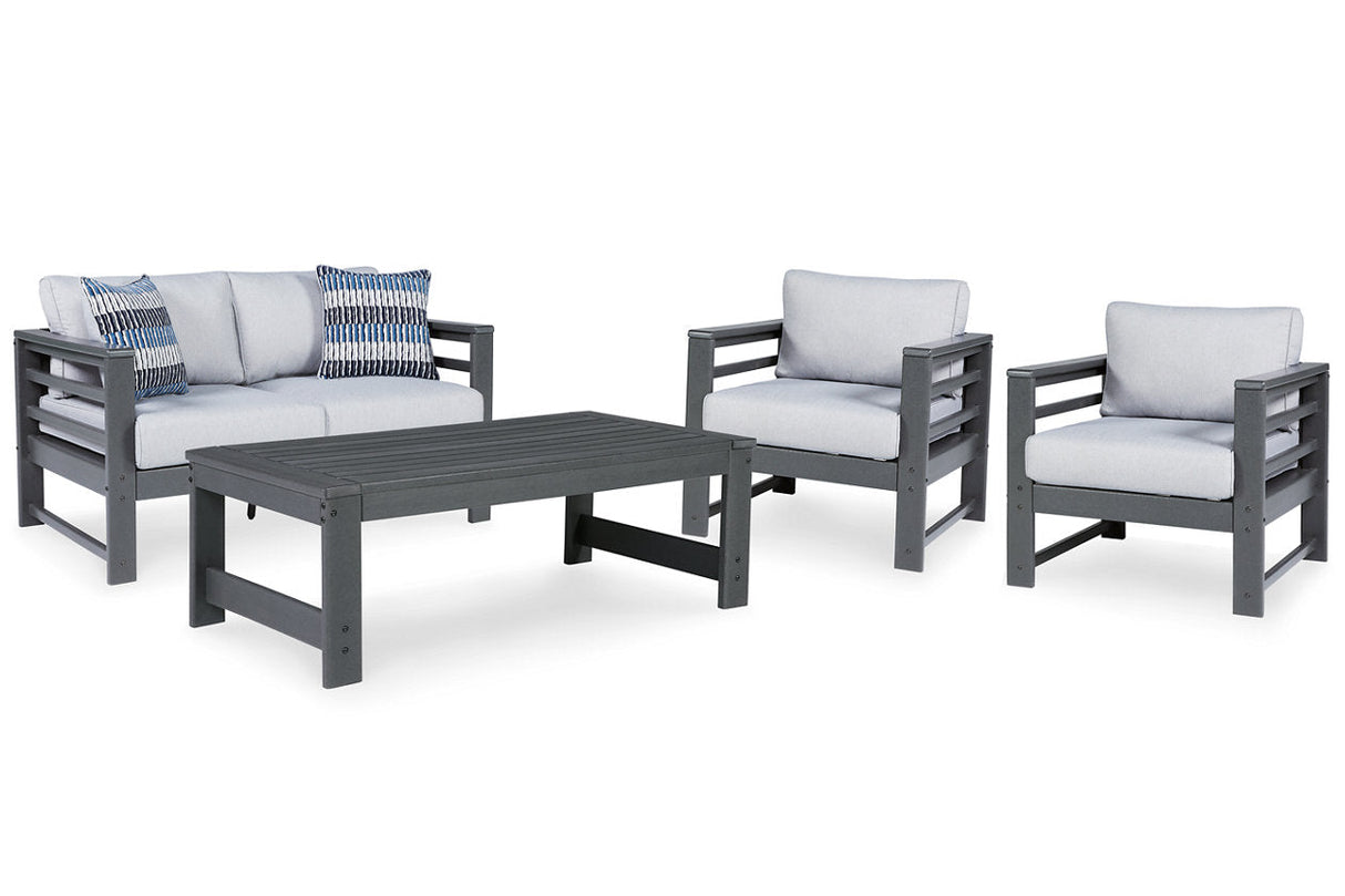 Amora Charcoal Outdoor Loveseat, 2 Lounge Chairs and Coffee Table