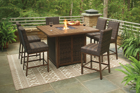 Paradise Trail Medium Brown Outdoor Bar Fire Pit Table with 6 Barstools