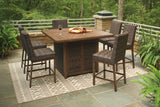 Paradise Trail Medium Brown Outdoor Bar Fire Pit Table with 6 Barstools