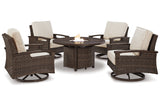 Paradise Trail Medium Brown Outdoor Fire Pit Table with 4 Lounge Chairs