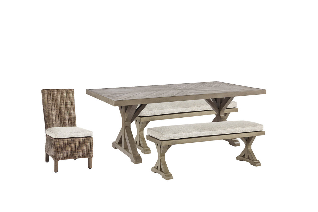 Beachcroft Beige Outdoor Dining Table with 4 Chairs and Bench