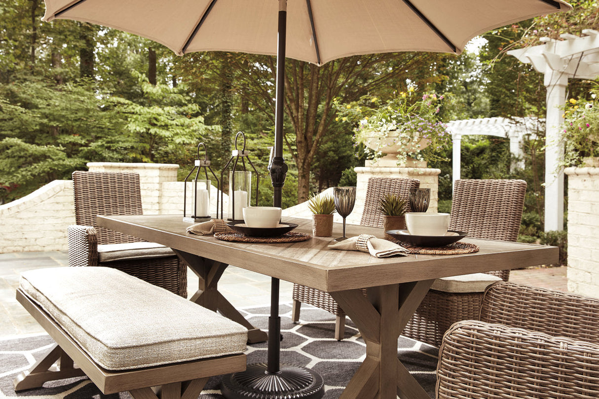 Beachcroft Beige Dining Table with Umbrella Option