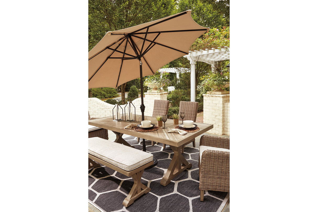 Beachcroft Beige Outdoor Dining Table with 4 Chairs and Bench