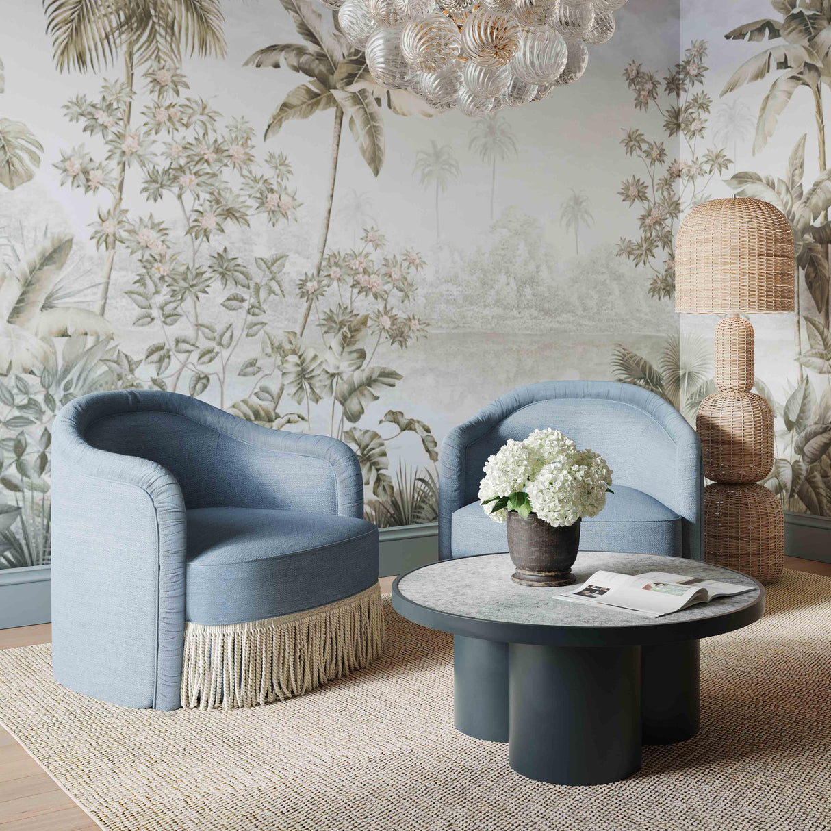 Pamela Faded Blue Upcycled Fabric Tassel Lounge Chair by TOV Furniture at Eve Furniture