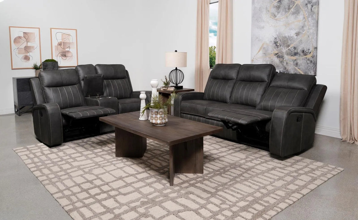 Raelynn Grey 2-Piece Upholstered Motion Reclining Sofa Set by Coaster at Eve Furniture
