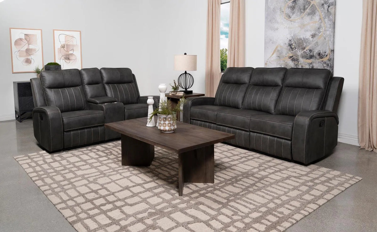 Raelynn Grey 2-Piece Upholstered Motion Reclining Sofa Set by Coaster at Eve Furniture