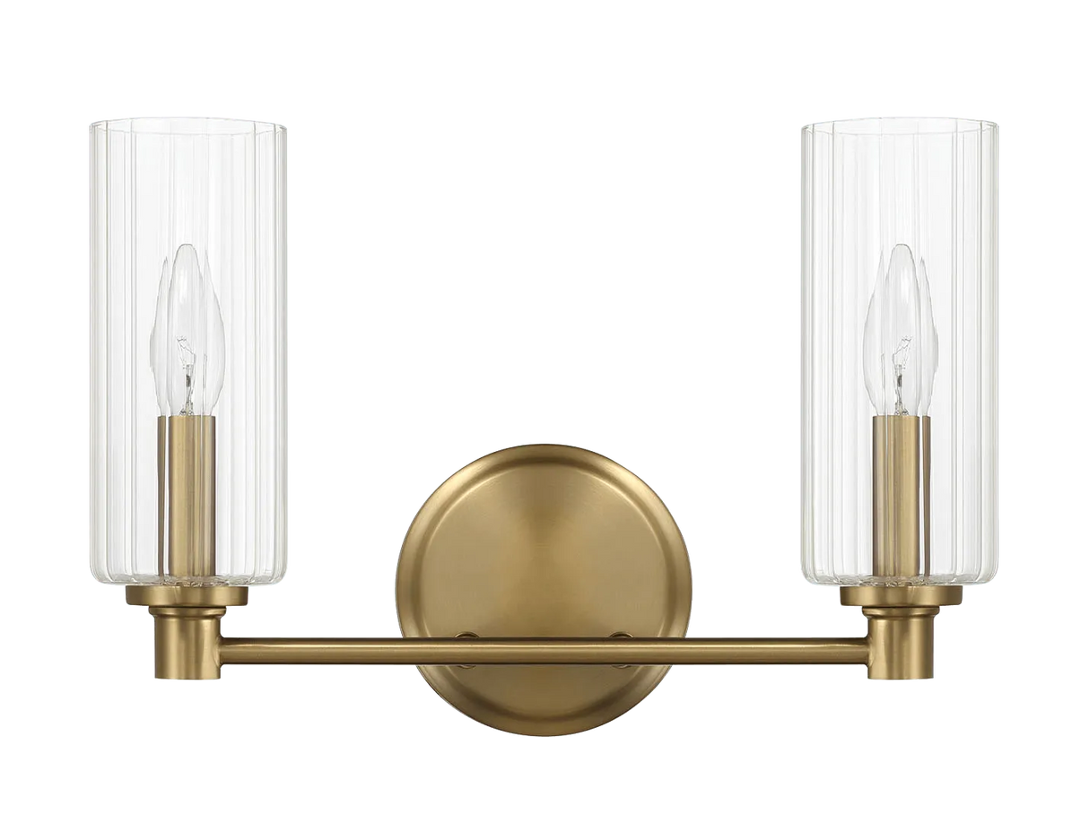 Regal Double Light Vanity With Clear Ribbed Glass - Satin Brass by Ashcroft Furniture at Eve Furniture