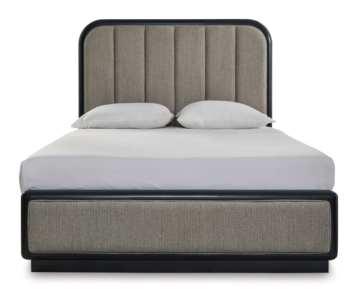 Rowanbeck Gray/Black Queen Upholstered Panel Bed by Ashley at Eve Furniture