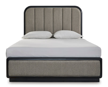 Rowanbeck Gray/Black Queen Upholstered Panel Bed by Ashley at Eve Furniture