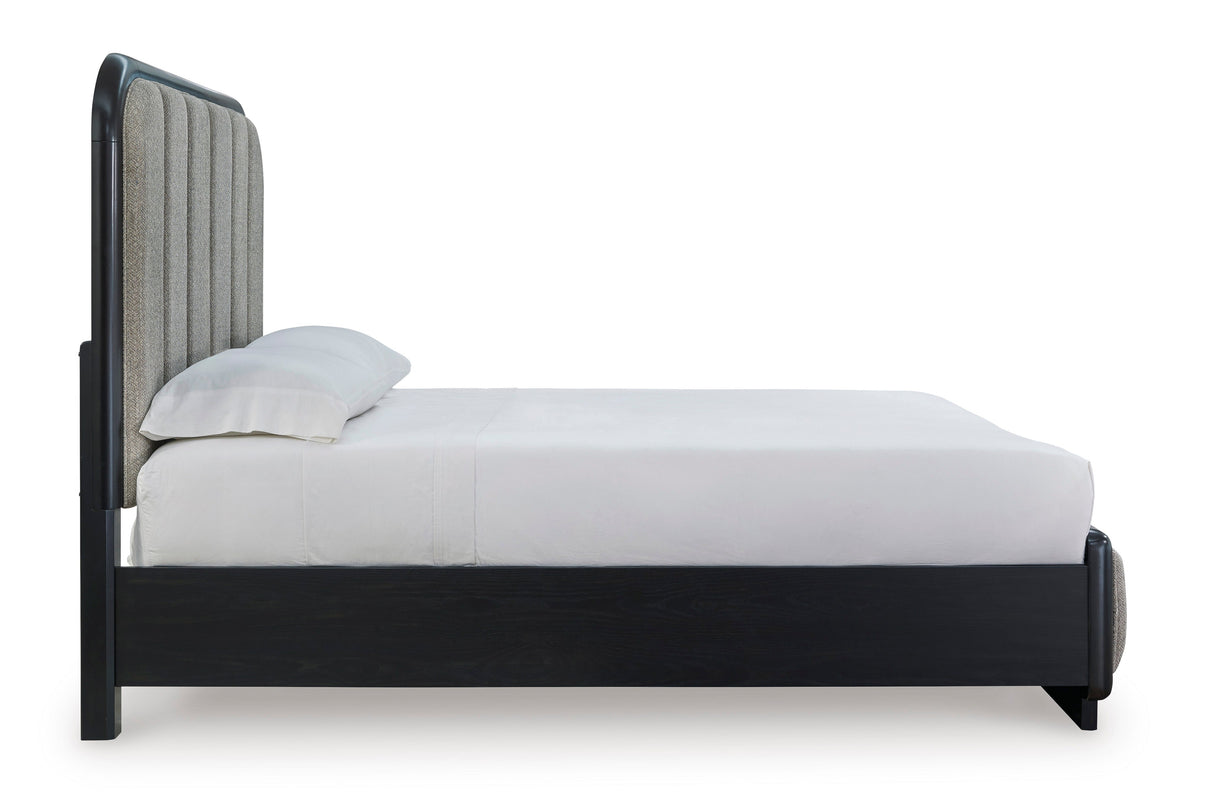 Rowanbeck Gray/Black Queen Upholstered Panel Bed by Ashley at Eve Furniture