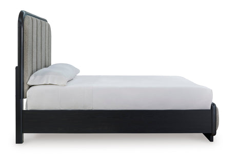 Rowanbeck Gray/Black Queen Upholstered Panel Bed by Ashley at Eve Furniture