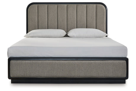 Rowanbeck Gray/Black Upholstered Panel Bedroom Set by Ashley at Eve Furniture