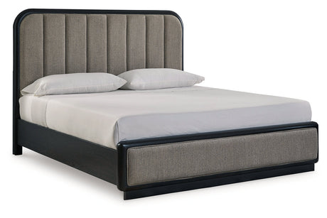 Rowanbeck Gray/Black Upholstered Panel Bedroom Set by Ashley at Eve Furniture