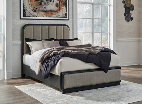 Rowanbeck Gray/Black Upholstered Panel Bedroom Set by Ashley at Eve Furniture