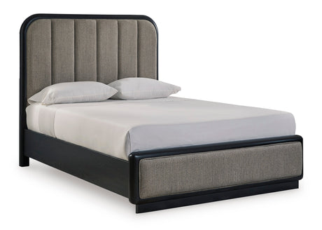 Rowanbeck Gray/Black Upholstered Panel Bedroom Set by Ashley at Eve Furniture