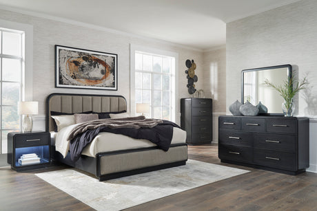 Rowanbeck Gray/Black Upholstered Panel Bedroom Set by Ashley at Eve Furniture