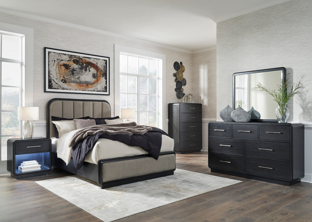 Rowanbeck Gray/Black Upholstered Panel Bedroom Set by Ashley at Eve Furniture