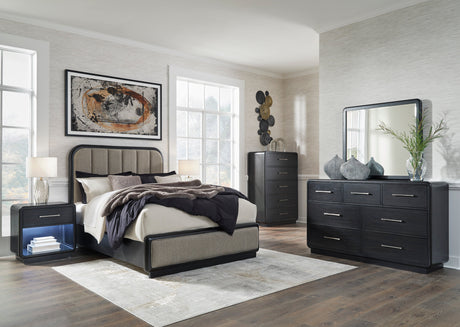 Rowanbeck Gray/Black Upholstered Panel Bedroom Set by Ashley at Eve Furniture