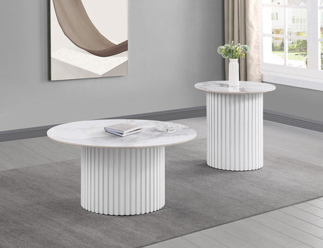 Rowena White Round Faux Marble Top End Table by Coaster at Eve Furniture