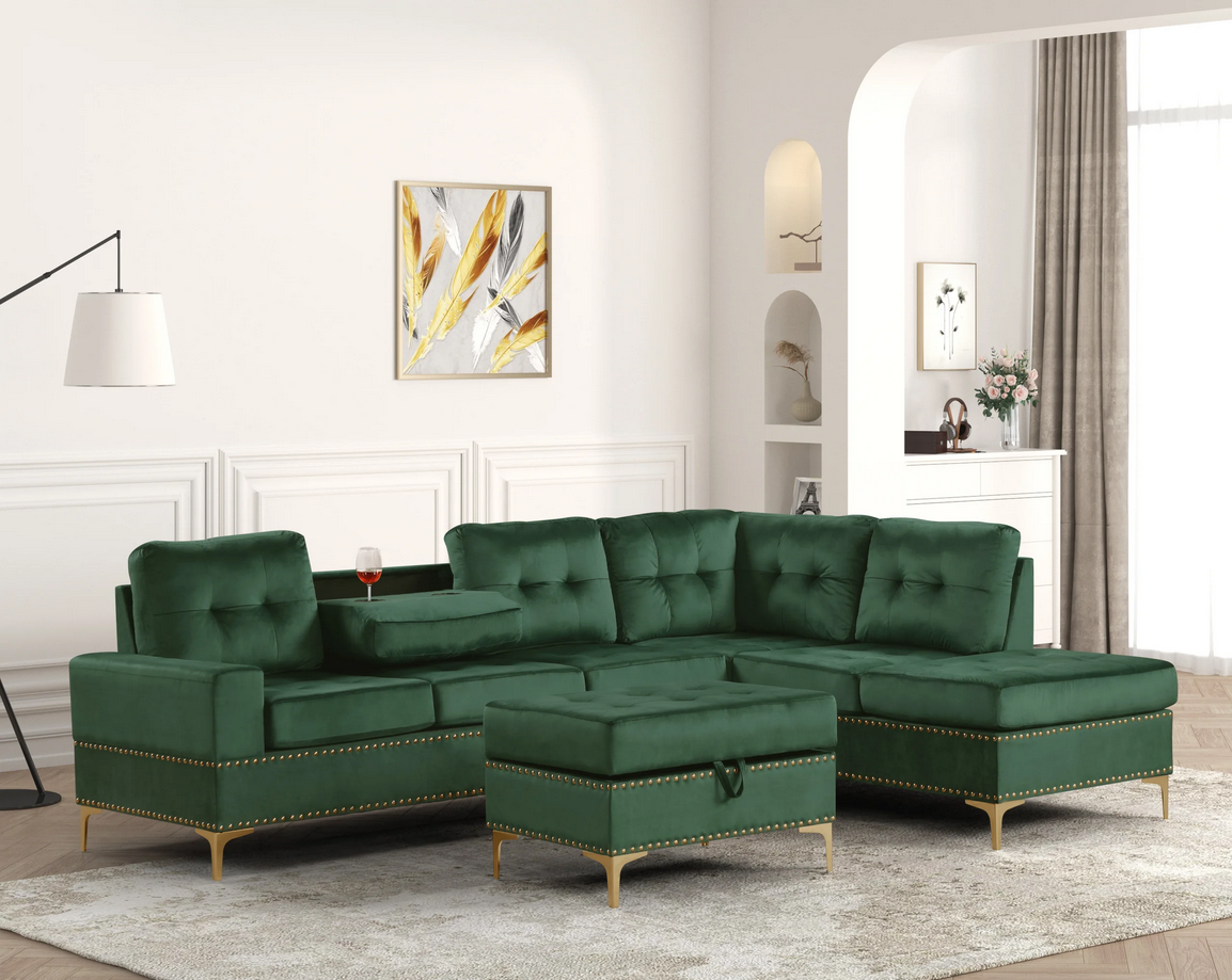 Anserra Green Reversible Sectional + Ottoman Set