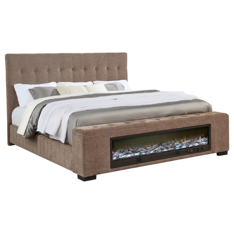 Senna Brown Upholstered Eastern King Audio Fireplace Bed by Coaster at Eve Furniture
