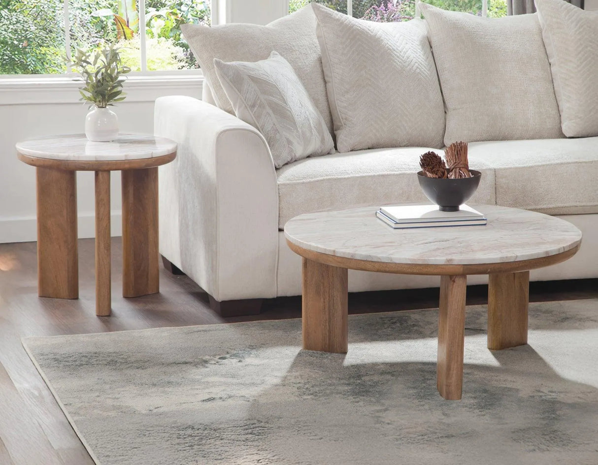 Sidney 22″ Round Toronto Brown Marble Top End Table by Steve Silver at Eve Furniture