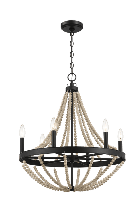 Starry Wood Chandelier Farmhouse Six Candle Light Wood Beaded Black Pendant Light for Dining Room by Ashcroft Imports at Eve Furniture