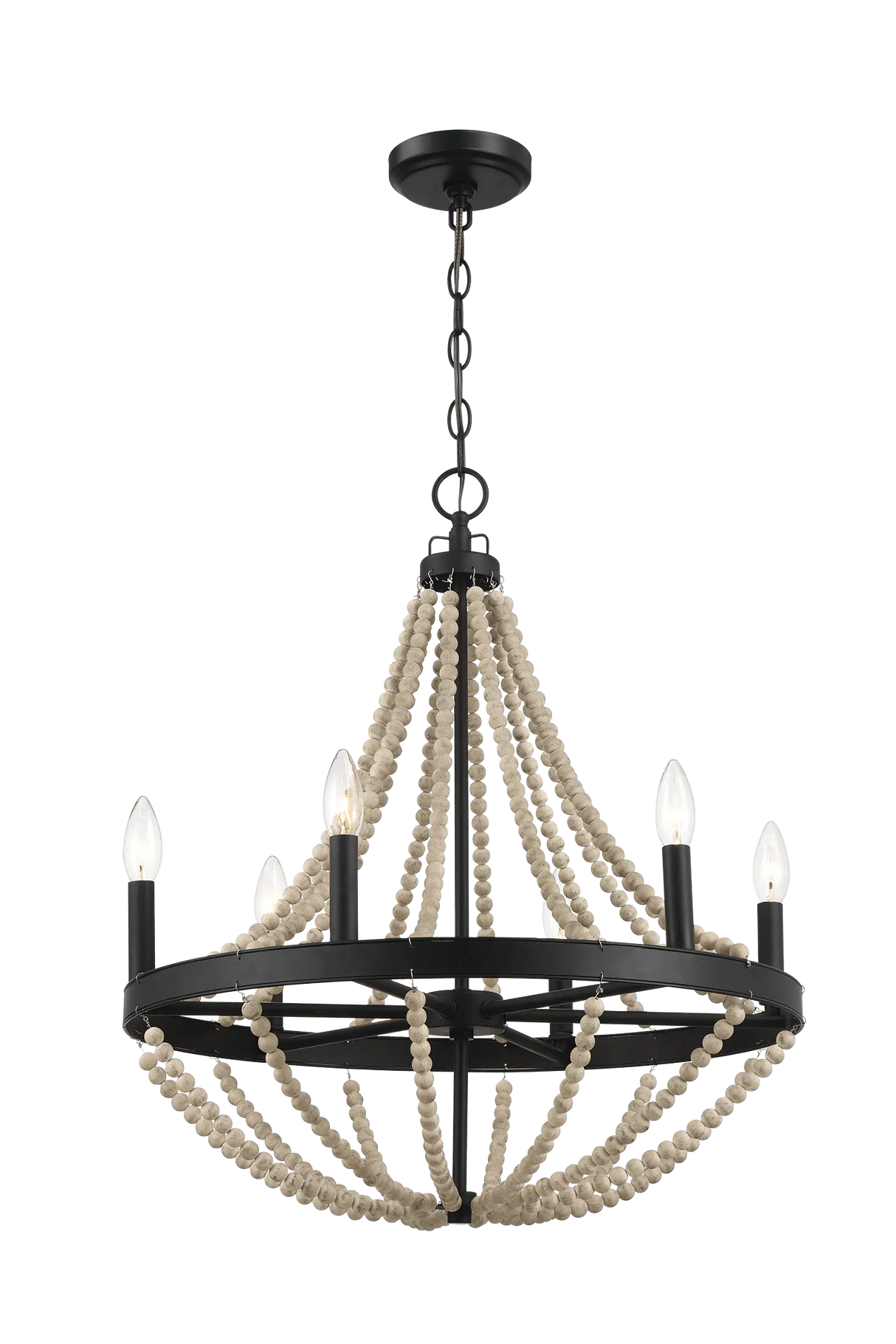 Starry Wood Chandelier Farmhouse Six Candle Light Wood Beaded Black Pendant Light for Dining Room by Ashcroft Furniture at Eve Furniture