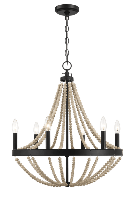 Starry Wood Chandelier Farmhouse Six Candle Light Wood Beaded Black Pendant Light for Dining Room by Ashcroft Imports at Eve Furniture
