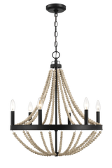 Starry Wood Chandelier Farmhouse Six Candle Light Wood Beaded Black Pendant Light for Dining Room by Ashcroft Furniture at Eve Furniture