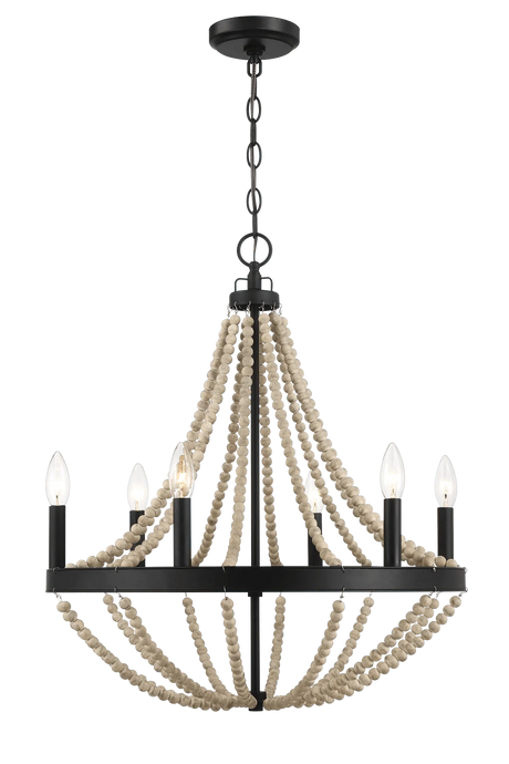 Starry Wood Chandelier Farmhouse Six Candle Light Wood Beaded Black Pendant Light for Dining Room by Ashcroft Furniture at Eve Furniture