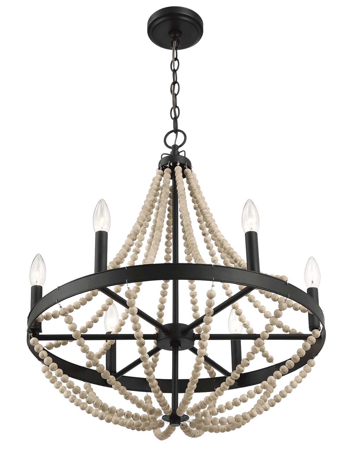 Starry Wood Chandelier Farmhouse Six Candle Light Wood Beaded Black Pendant Light for Dining Room by Ashcroft Imports at Eve Furniture