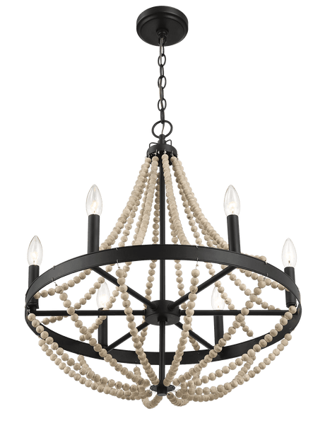 Starry Wood Chandelier Farmhouse Six Candle Light Wood Beaded Black Pendant Light for Dining Room by Ashcroft Imports at Eve Furniture