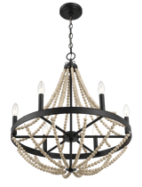 Starry Wood Chandelier Farmhouse Six Candle Light Wood Beaded Black Pendant Light for Dining Room by Ashcroft Furniture at Eve Furniture