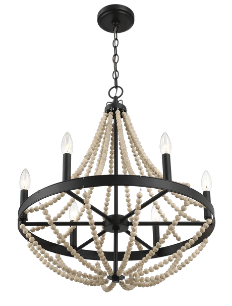 Starry Wood Chandelier Farmhouse Six Candle Light Wood Beaded Black Pendant Light for Dining Room by Ashcroft Furniture at Eve Furniture