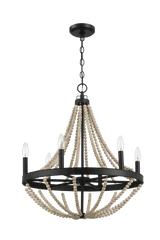 Starry Wood Chandelier Farmhouse Six Candle Light Wood Beaded Black Pendant Light for Dining Room by Ashcroft Imports at Eve Furniture