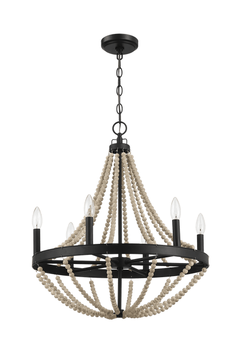 Starry Wood Chandelier Farmhouse Six Candle Light Wood Beaded Black Pendant Light for Dining Room by Ashcroft Imports at Eve Furniture