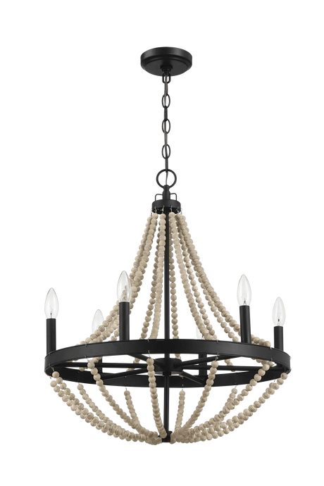 Starry Wood Chandelier Farmhouse Six Candle Light Wood Beaded Black Pendant Light for Dining Room by Ashcroft Furniture at Eve Furniture
