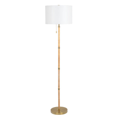 Stellar Wood Rattan Tube , Gold Brass Metal and White Linen Shade Floor Lamp by Ashcroft Imports at Eve Furniture