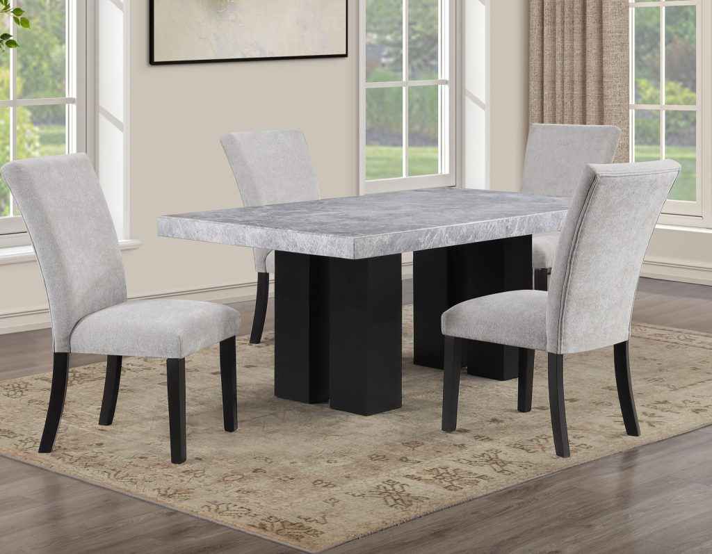 Artemis 5 Piece 70″ Rectangular Gray Marble Table, Black Finish with 4 Gray Chenille Chairs