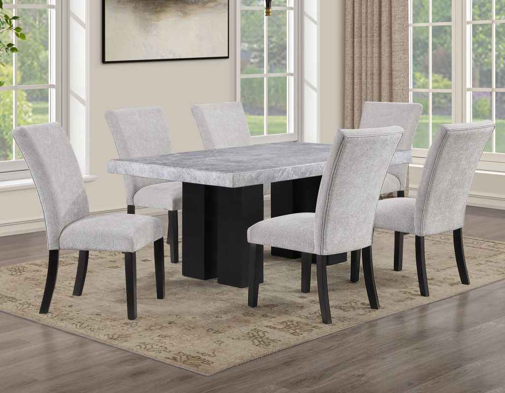 Artemis 5 Piece 70″ Rectangular Gray Marble Table, Black Finish with 4 Gray Chenille Chairs