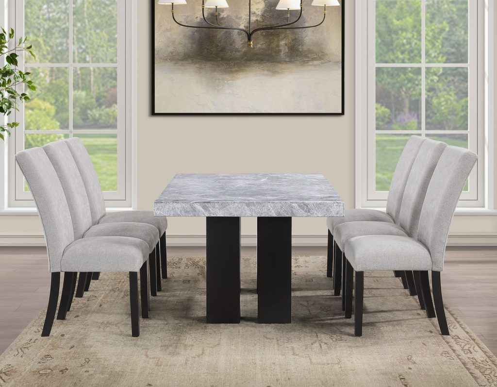 Artemis 5 Piece 70″ Rectangular Gray Marble Table, Black Finish with 4 Gray Chenille Chairs