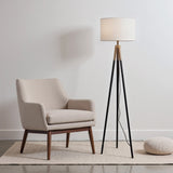 Sway Brassed Gold Floor Lamp with On/Off Switch Triple Legs White Fabric Shade by Ashcroft Imports at Eve Furniture